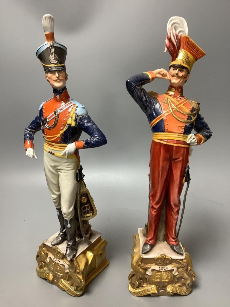 A pair of Italian porcelain figures and a pair of Continental figural candlesticks